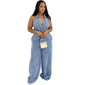 European and american style denim jumpsuit  cross-border fall and winternew arrival women's lapel halter single-breasted jumpsuit