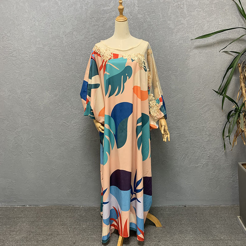 Special offer: digital print mesh panel batwing sleeve beaded loose fit crew neck plus size women's dress
