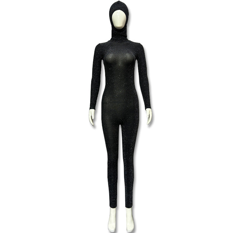 European and american style cross-border  autumn fashion sexy glitter backless high neck long sleeve slim fit hooded jumpsuit wholesale