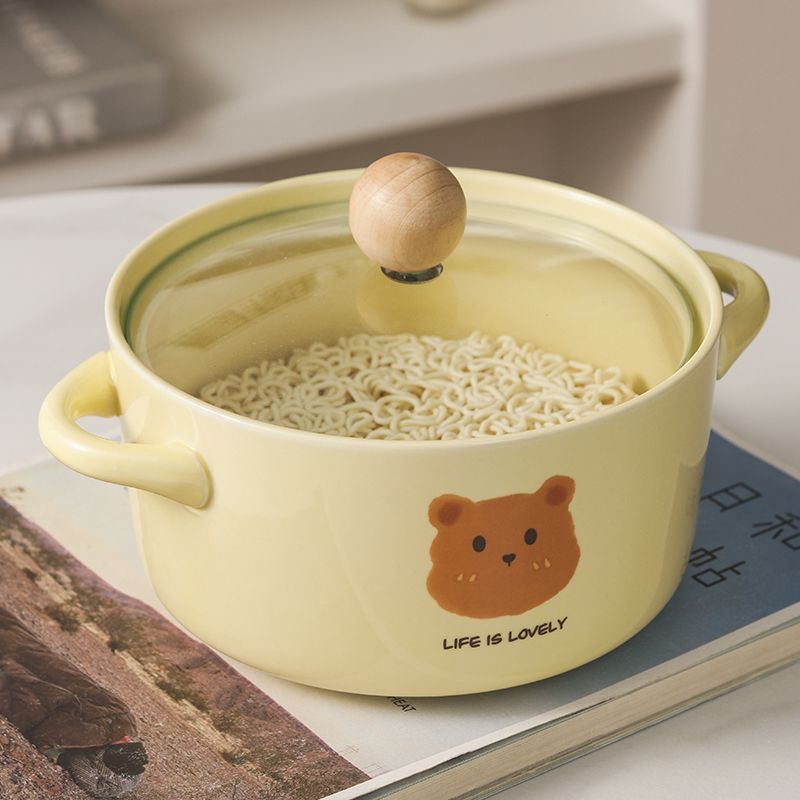 Ins cream yellow bear instant noodle bowl with lid dormitory student instant noodle bowl salad bowl double ear soup bowl tableware