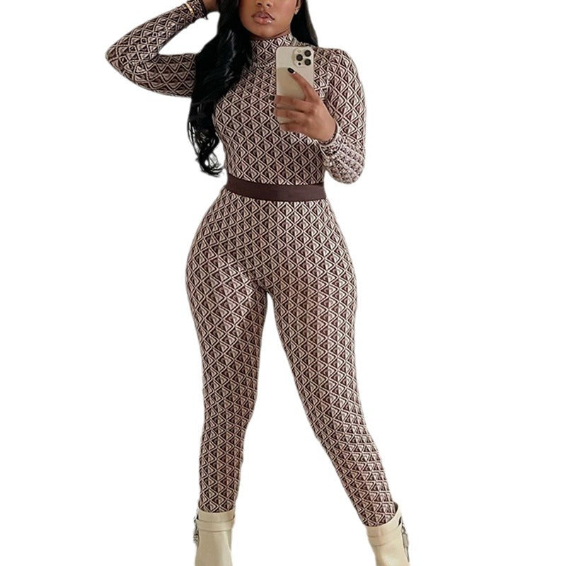 Fashionexport women's fashionprinting street round neck long sleevespants body pants fitness jumpsuit women's one piece dropshipping