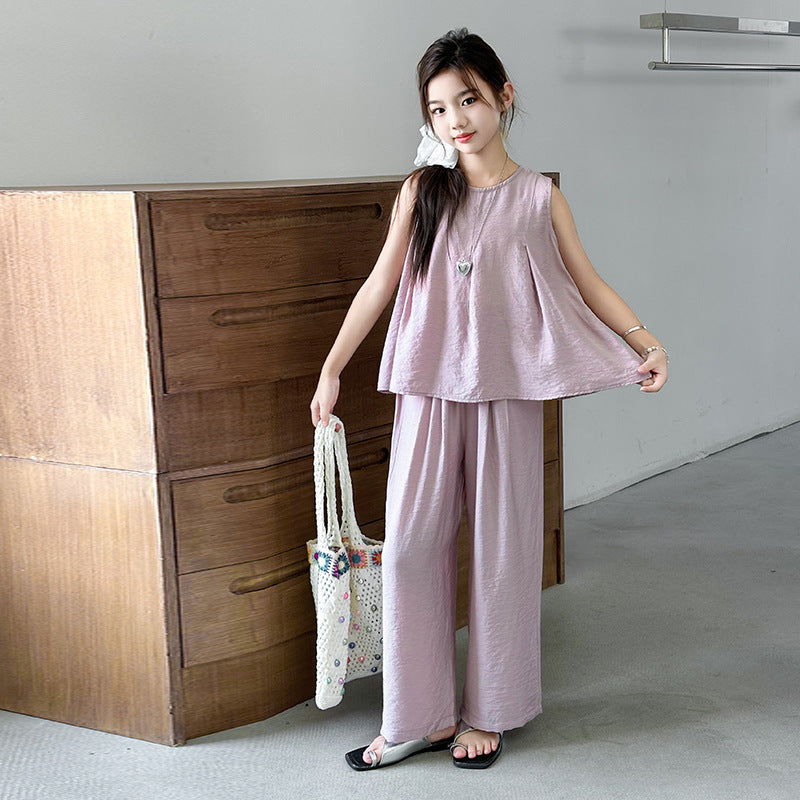 Girls' summer outfit: new  chinese style sleeveless top and wide-leg pants set - trendy two-piece casual set
