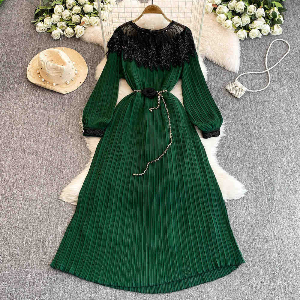 Autumn european and american retro court style heavy sequin embroidered long pleated puff sleeve dress women's pleated skirt