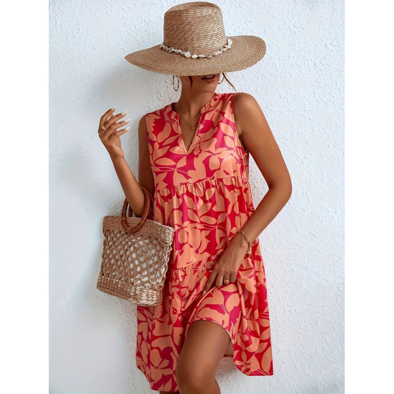 Shipped to europe and the us:  independent store women's v-neck printed dress, sleeveless a-line skirt