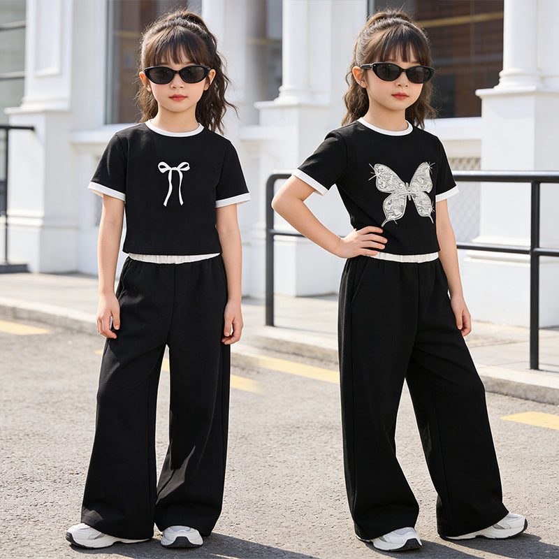 Girls'  short-sleeve lightweight outfit set: wide-leg pants, thin summer style, new butterfly two-piece set for girls