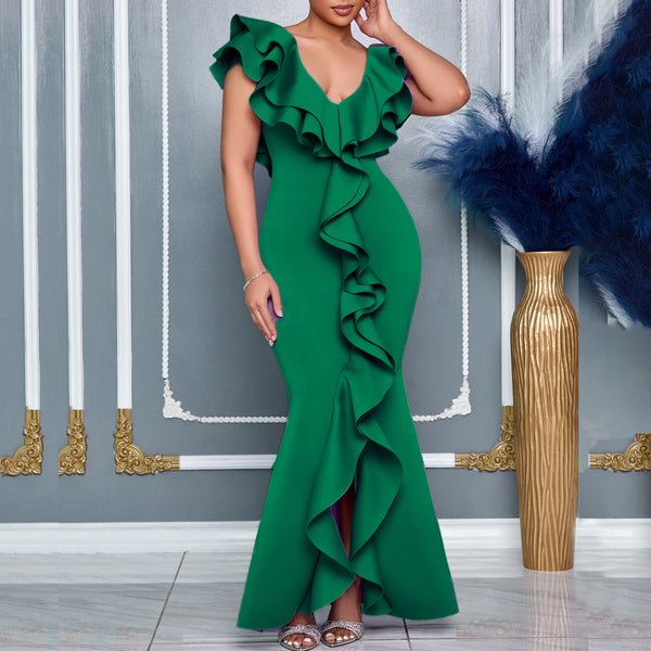 C8634 European and American  fashion women's clothing  summer dress solid color V-neck ruffle edge split harpoon tail skirt long dress