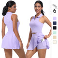 New arrival cross-border pure color lapel vest breathable fake two-piece pleated skirt suit sports running fitness yoga clothes