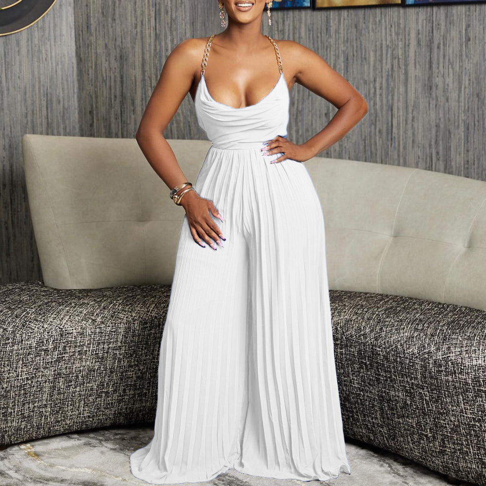 D3281  summer fashion sexy chain halter high waist sexy backless wide leg pleated jumpsuit