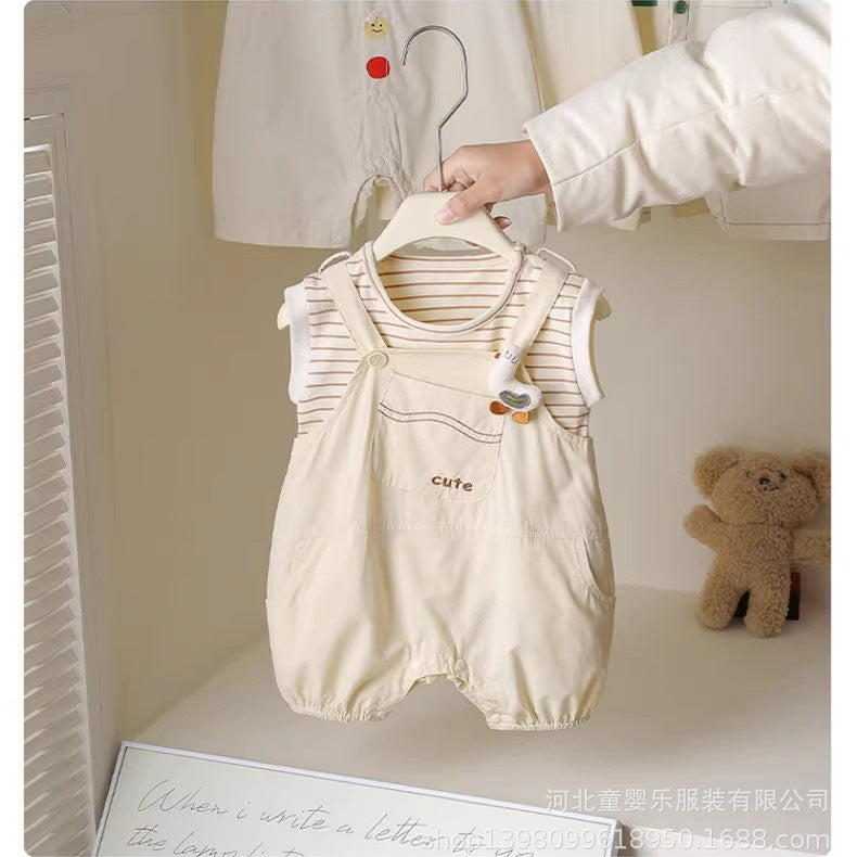 Baby summer outfit  new arrival: boys' and girls' summer short-sleeve set, korean style overalls two-piece baby clothes