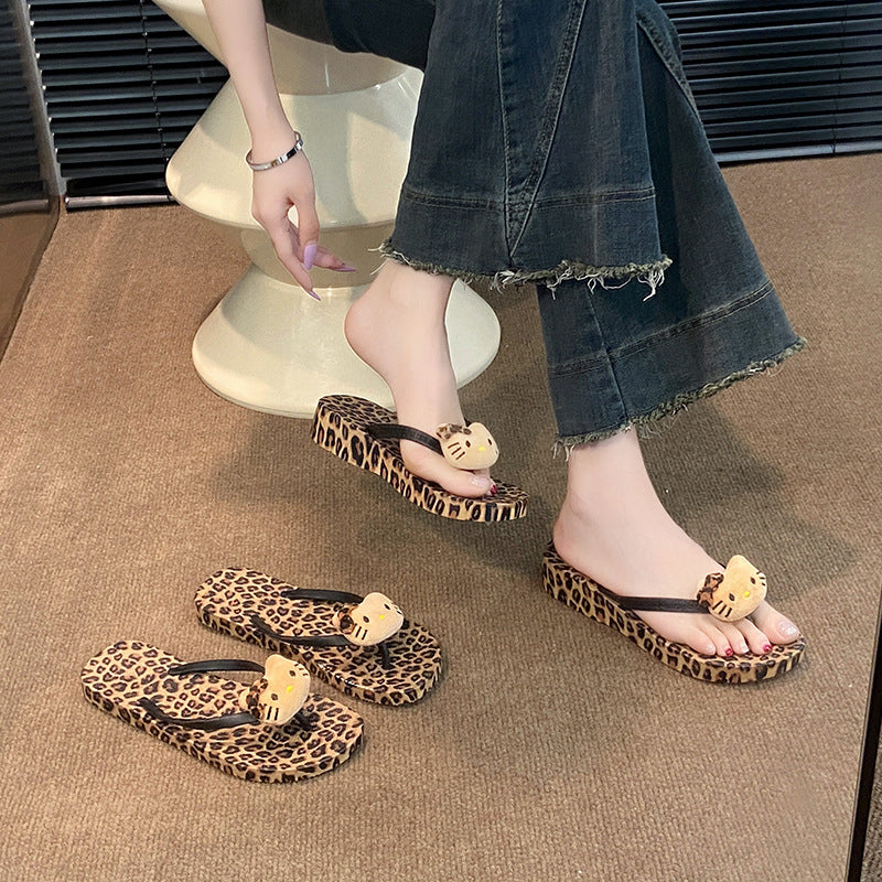 Cartoon new arrivalcute leopard print flip-flops inssummer home foreign trade flat bottom casual beach sandals women