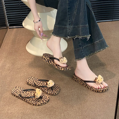 Cartoon new arrivalcute leopard print flip-flops inssummer home foreign trade flat bottom casual beach sandals women