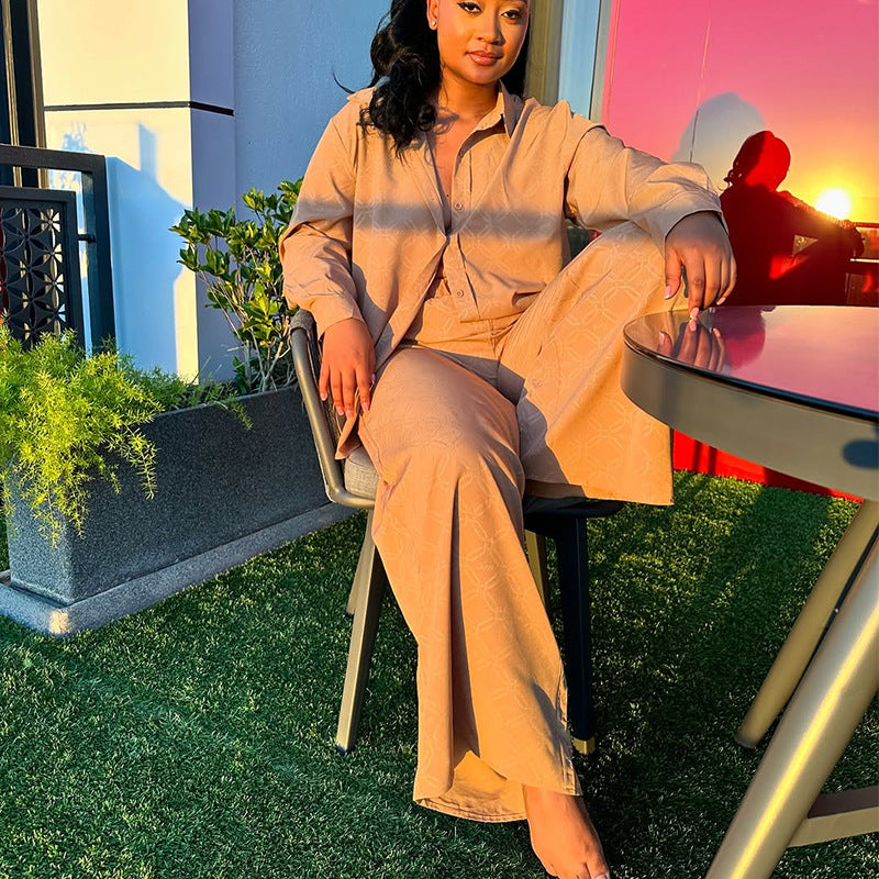 European and american cross-border women's fashion:  summer new collection - stylish printed turn-down collar long sleeve shirt and wide-leg pants casual set