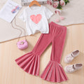 Girls' outfit set: pearl heart short-sleeve top + flare pants set