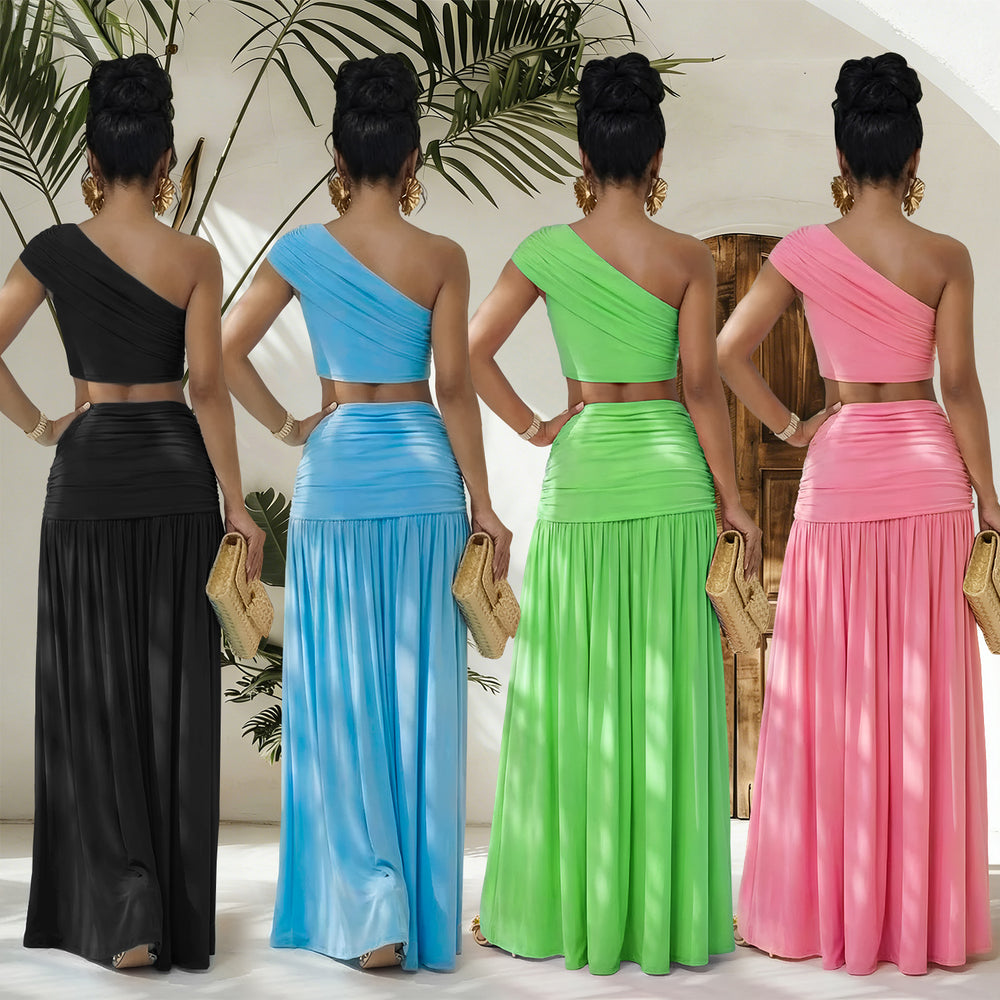 C7675 cross-border   fashion women's sexy one-shoulder cropped top and midi skirt set