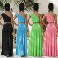 C7675 cross-border   fashion women's sexy one-shoulder cropped top and midi skirt set