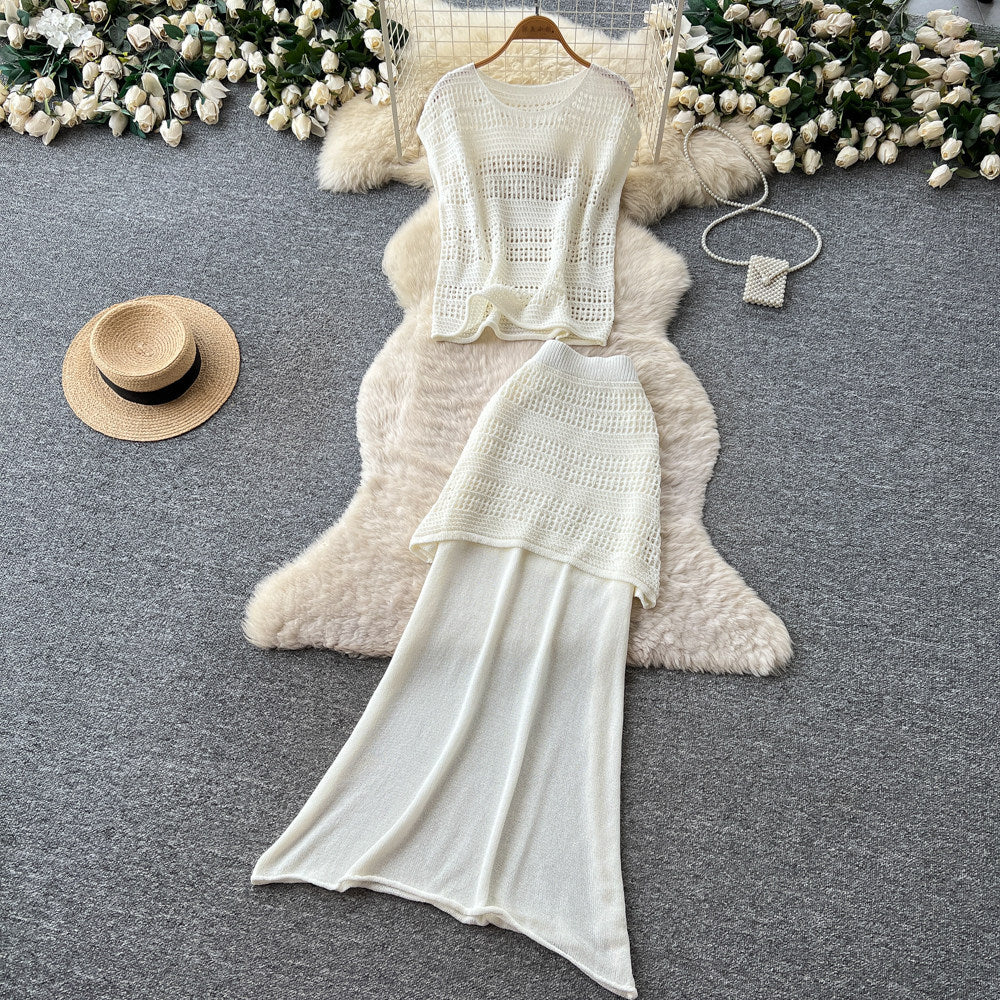 Lazy style cut outknitting skirt two-piece set women's summersense of design silmslimming lookclassy sense work clothingsuit