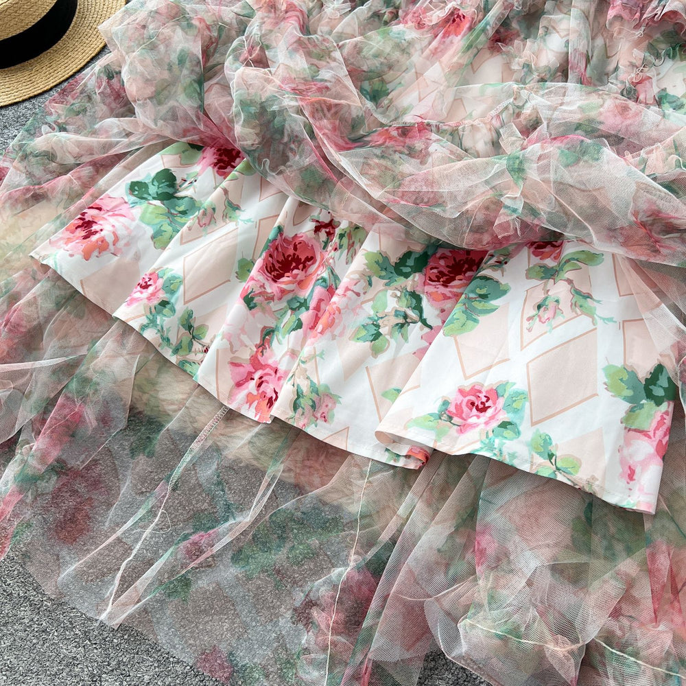 Frenchromantic atmosphere printingdress women's autum mesh fungus edge super fairy beautiful unique long skirt