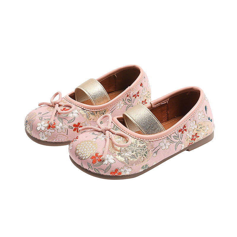 Girls' princess shoes: new autumn  collection - vintage chinese style embroidered dance shoes, kids' bow-tie slip-on flats
