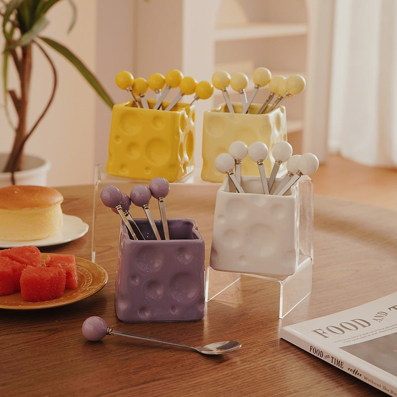 Creamy chic fruit fork set - premium ceramic cheese storage jar - versatile bar decor & perfect gift