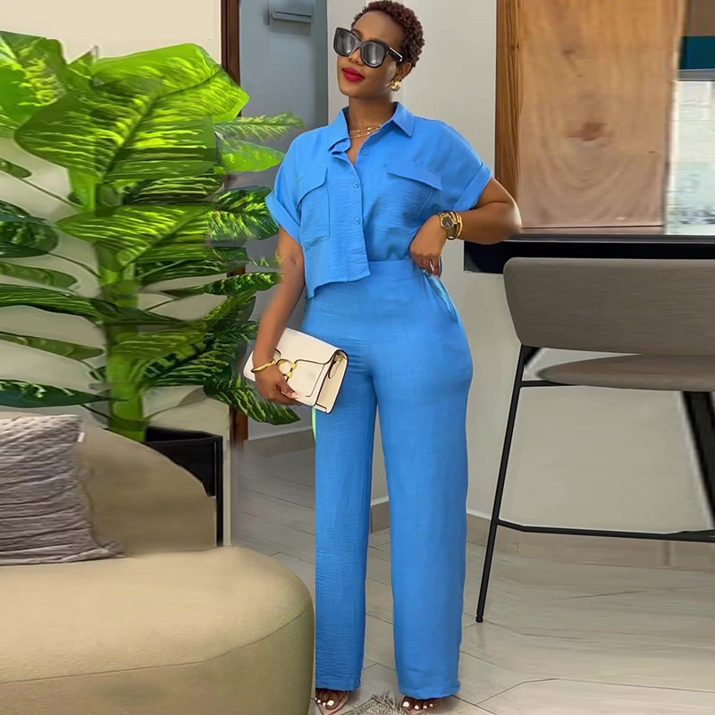 Ready-to-ship cross-border european and american women's clothing:  summer new arrivals, casual collared short-sleeve shirt and wide-leg pants fashion set