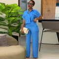 Ready-to-ship cross-border european and american women's clothing:  summer new arrivals, casual collared short-sleeve shirt and wide-leg pants fashion set