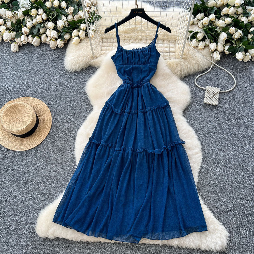 French tea break retro suspender dress women's vacation style waist slimming look pleated design draped large swing long skirt