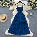 French tea break retro suspender dress women's vacation style waist slimming look pleated design draped large swing long skirt