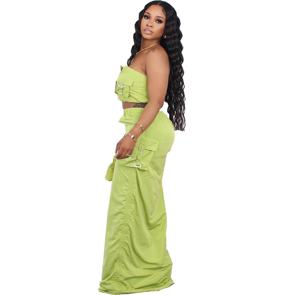 Fashion cross-border women's clothing  casualsuitfashionsexy hot girl chest wrap vest topsmop skirt suit