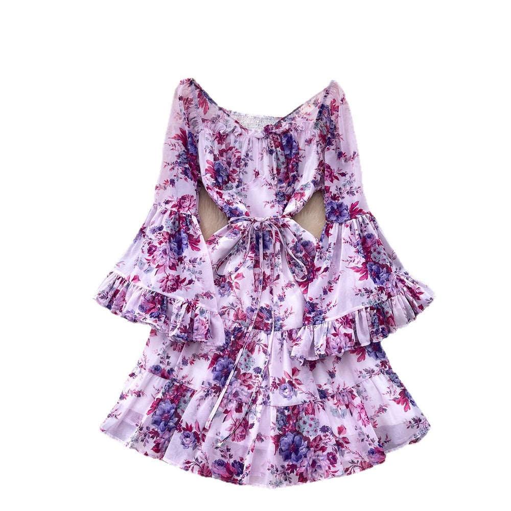 French romantic floral flared sleeve dress - women's spring/autumn cinched waist slimming tiered dress - elegant vacation style