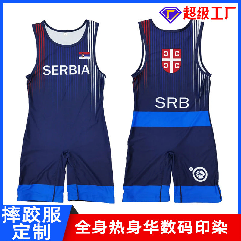 Sublimation full body print men's one-piece wrestling suit custom match weightlifting suit men's and women's free wrestling one-piece vest