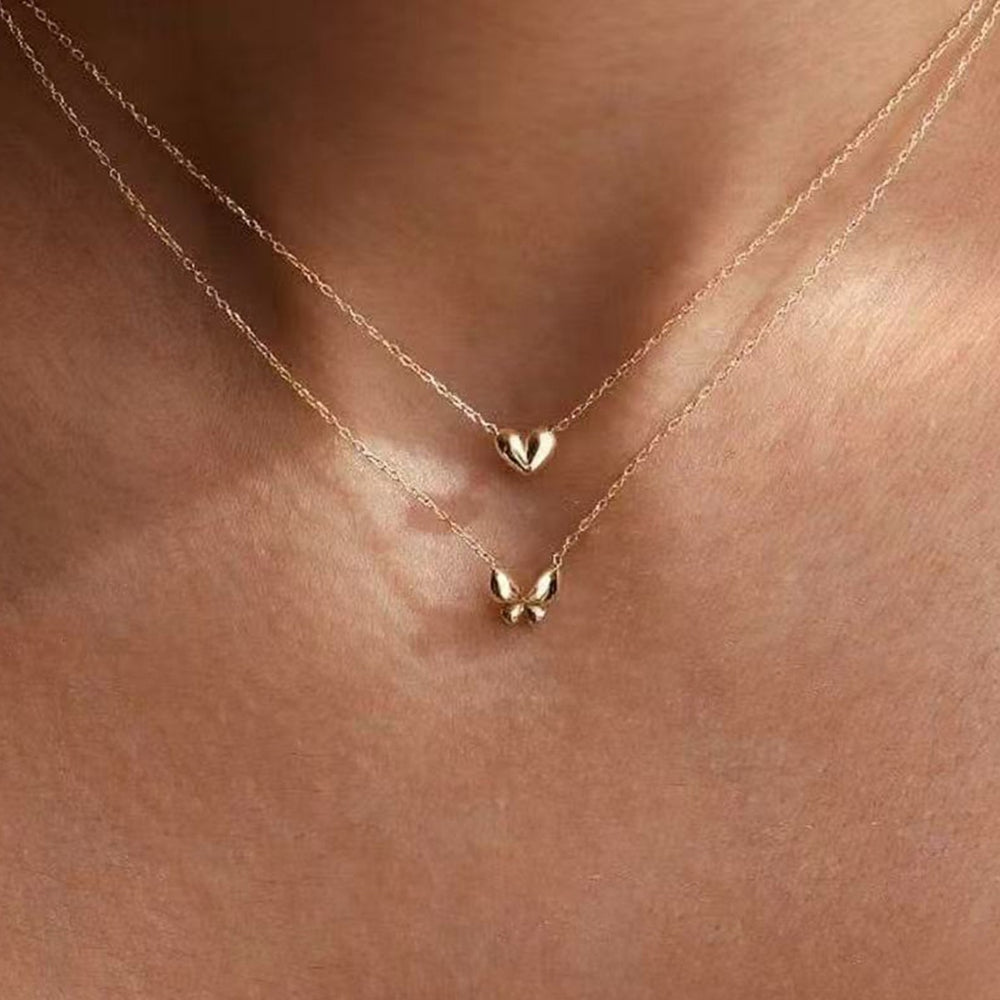Wholesale metal butterfly heart necklace - european & american style, minimalist, unique, high-end, double-layered choker necklace accessory