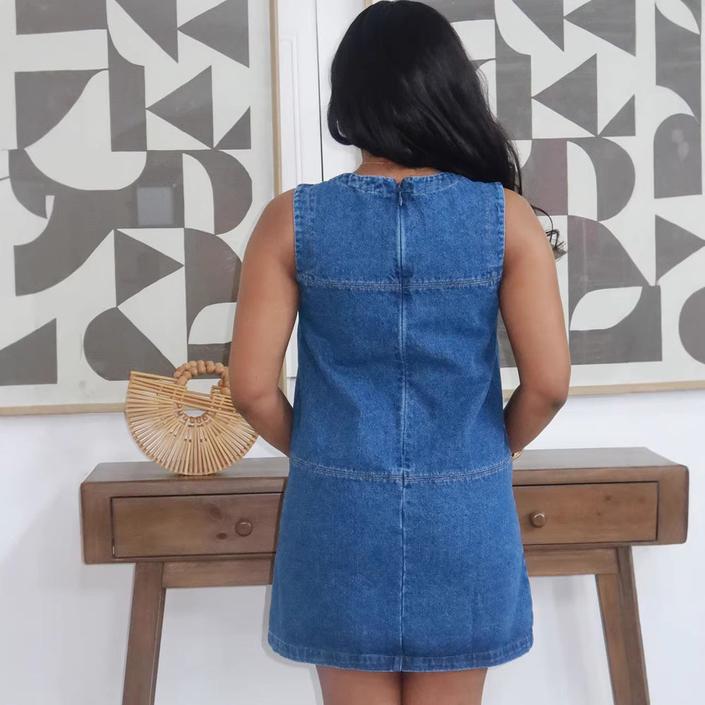 European and american style women's casual denim vest dress -  cross-border women's clothing - loose fit crew neck dress with large pocket design
