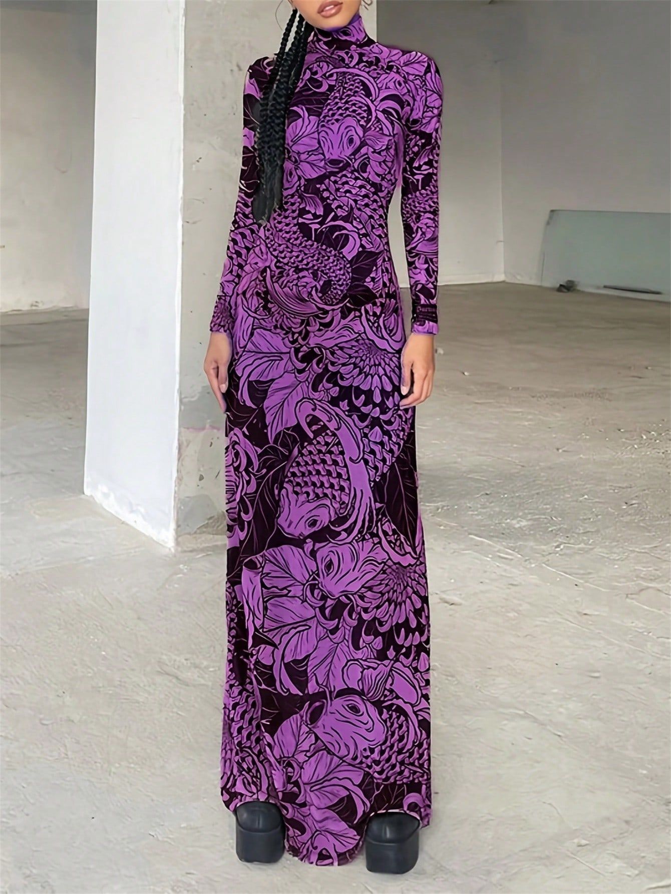 European and American  women's clothing 2023 autumn new fashion mesh printing perspective turtleneck slim and thin dress women