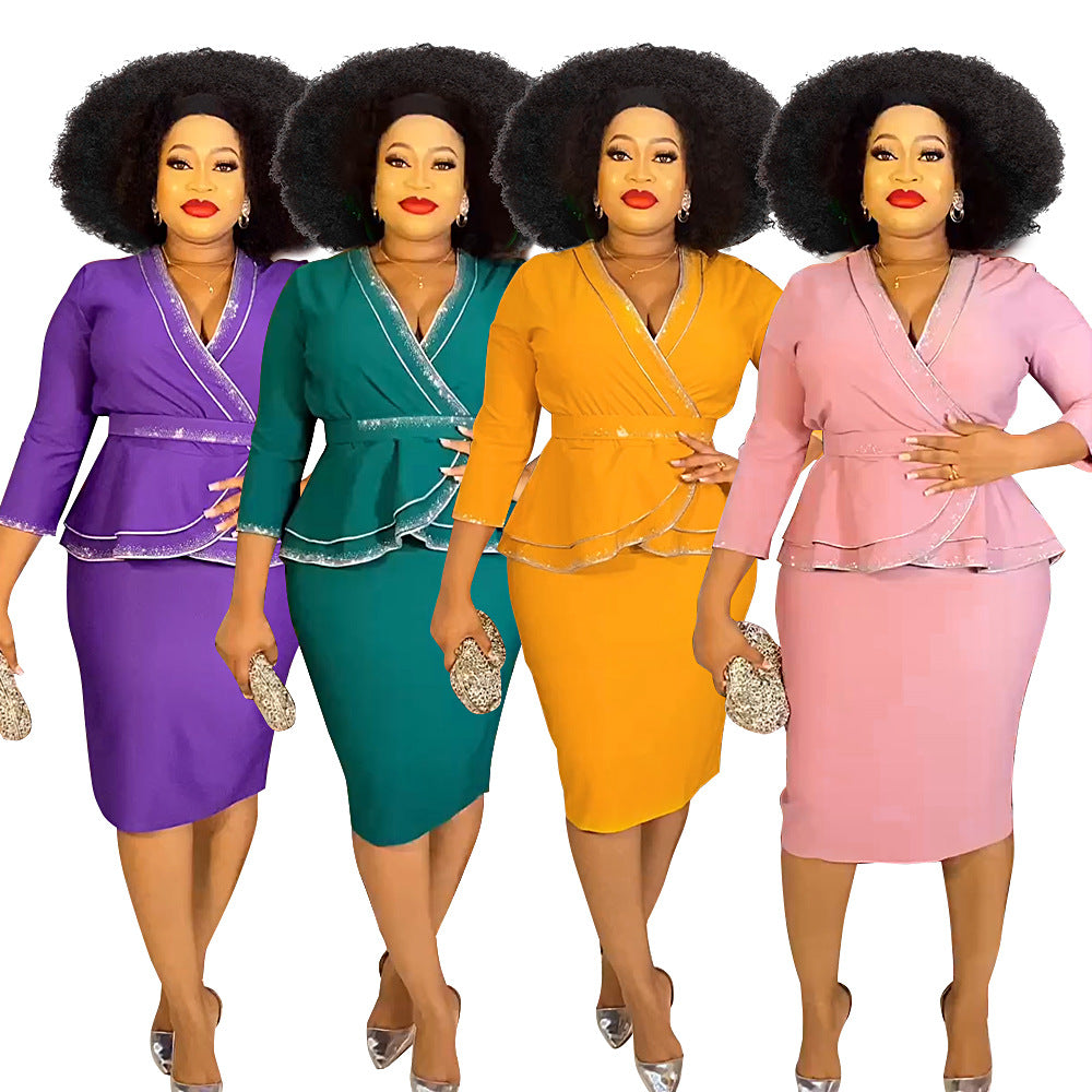 African women's plus size office lady commute chic rhinestone embellished tiktok  fashion professional style two-piece dress set