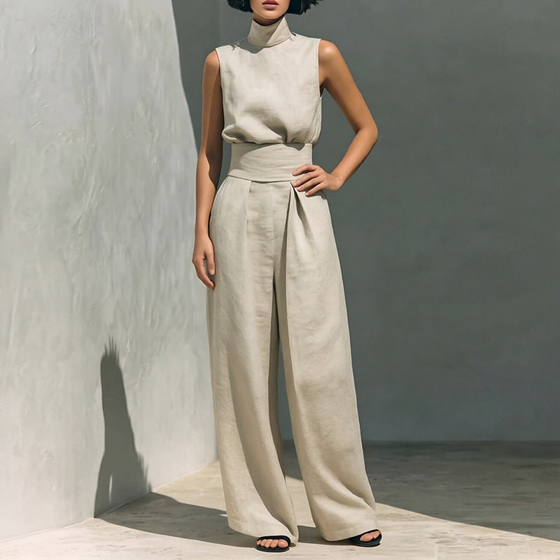 summer new women's clothing: cross-border european and american style, fashionable and elegant solid color high neck sleeveless straight-leg pants set