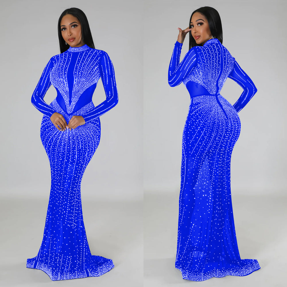 C6369 cross-border   fashion women's solid color mesh rhinestone long sleeve maxi dress