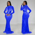 C6369 cross-border   fashion women's solid color mesh rhinestone long sleeve maxi dress