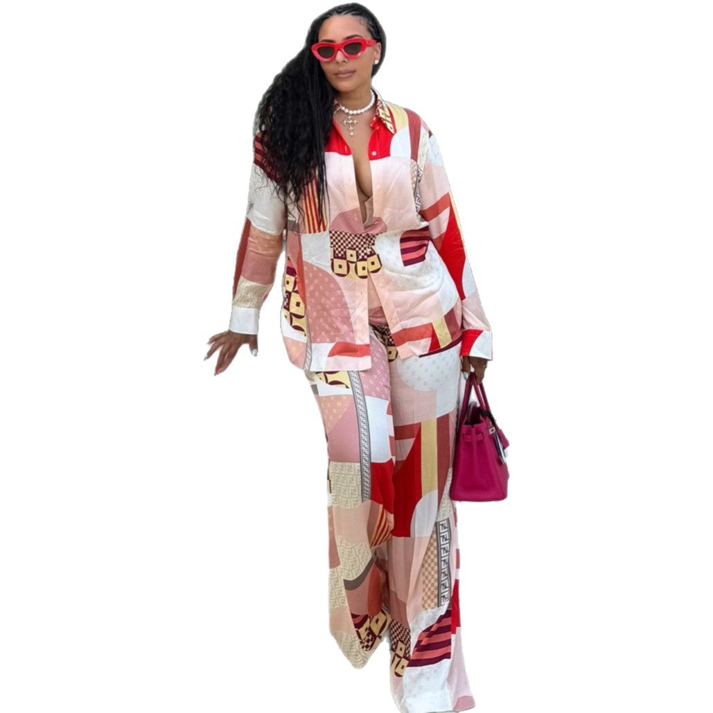 European and American large-size temperament elegant cardigan printed shirt trousers women's African fashion foreign style new women's clothing two-piece set
