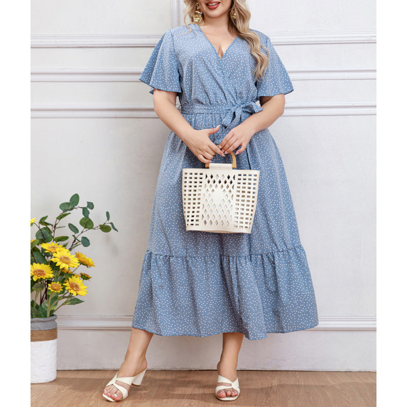 plus size cross-border new arrival:  women's original elegant v-neck ruffle trim polka dot dress