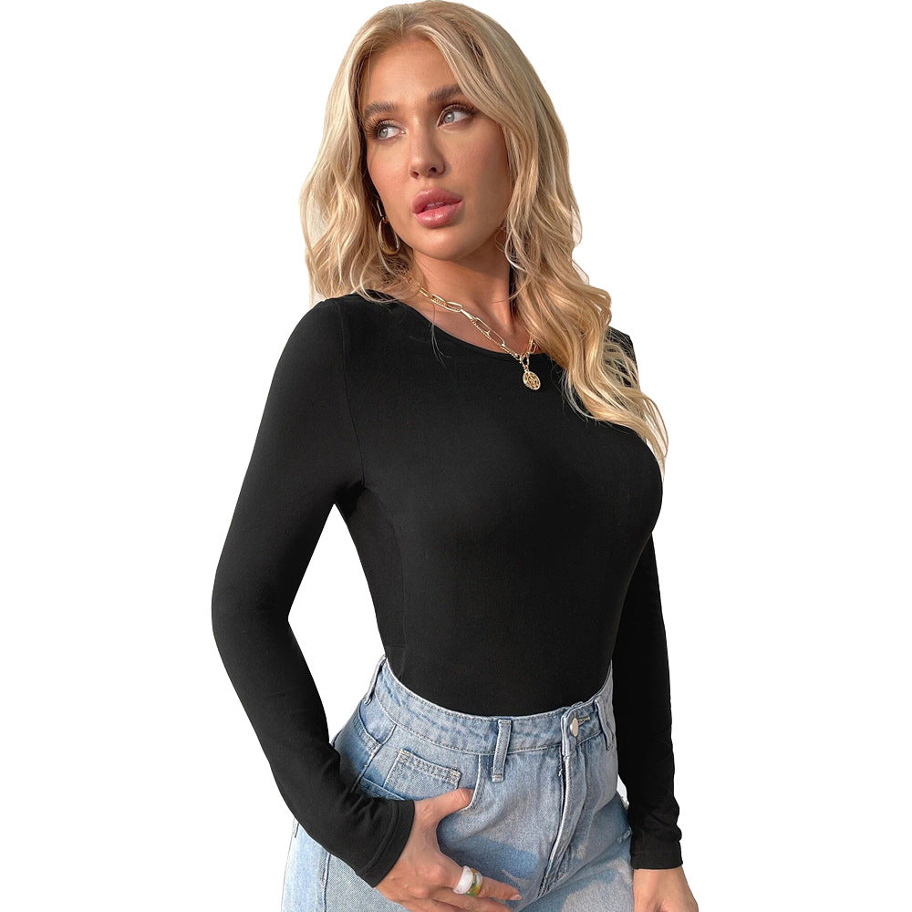 Cross-border European and American women's clothing 2024 spring and summer sexy backless round neck pullover temperament slim-fitting long-sleeved T-shirt bottoming top