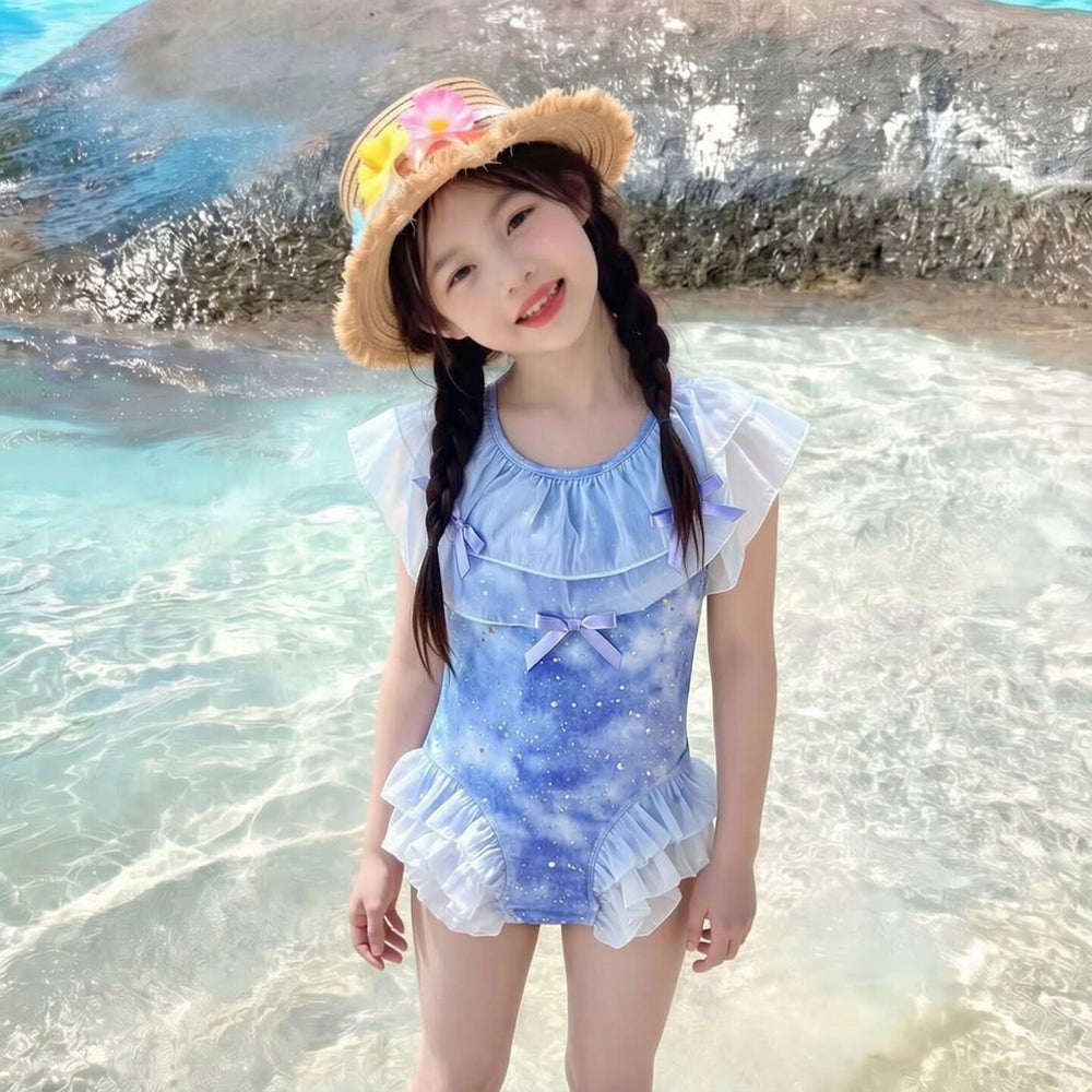 Kids' starry sky one-piece swimsuit, baby girl swimsuit, stylish summer mesh bowknot swimwear, girls' swimsuit