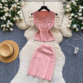 Pure desire style silmsweet season metal buckle sleeveless tops hip cover skirt knittingtwo-piece set women's summersuit
