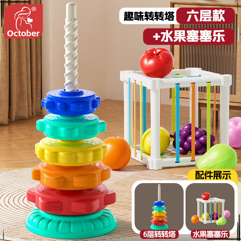 Rainbow Rotary Music Stacking Music Color Torch Ring 1 1-3 Year Old Infant Baby Rotary Tower Early Education Educational Toys