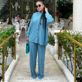 European and american cross-border african women's fashion  autumn new collection solid color casual open-back long sleeve shirt and wide-leg pants set