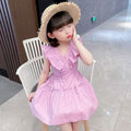 European and american cross-border women's fashion:  summer new arrival - elegant ruffle-trimmed short-sleeve crew neck fitted waist maxi swing dress