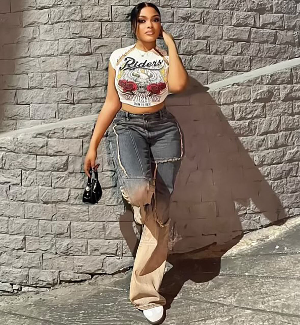 European and american women's gradient denim jeans -  cross-border fashion, street style, brushed, split, and patchwork casual pants