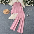 Gentle style two-piece set women's easiest for match stand collar single breasted cardigan pullover knitting shirt sweatercasualloose pants pants