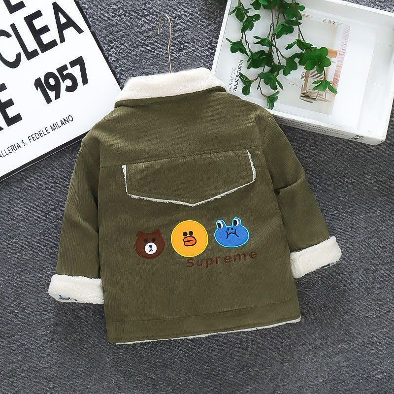 Baby thickened outerwear  new style children's fashionable fleece cotton coat infant corduroy jacket autumn and winter clothing for boys