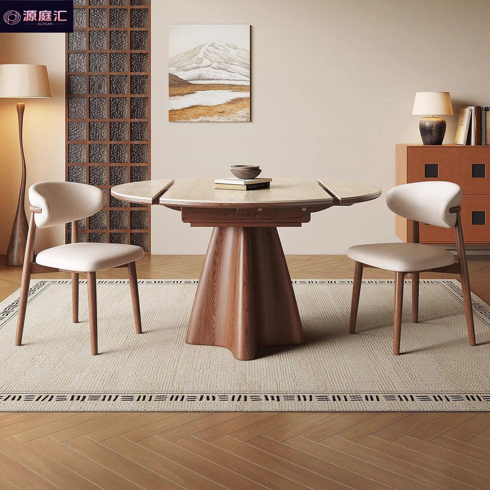 Vintage-style travertine rock slab extendable dining table and chairs - space-saving, foldable, round/square convertible retro round dining table for home use