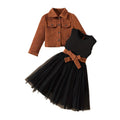 Girls' corduroy jacket and skirt set - coffee brown single-breasted long sleeve top with mesh skirt - kids' two-piece outfit